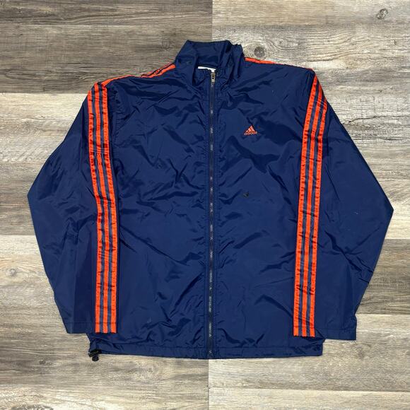 Vintage 90s Adidas‎ Blue Striped M Full Zip Mesh Lined Drawcord Windbreaker - Picture 1 of 11
